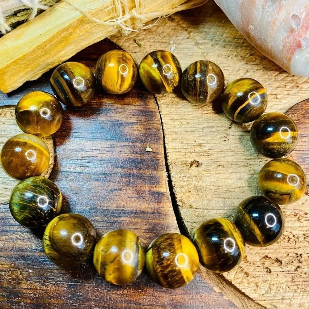 Natural Yellow Tiger's Eye Large Bead Gemstone Bracelet 14mm